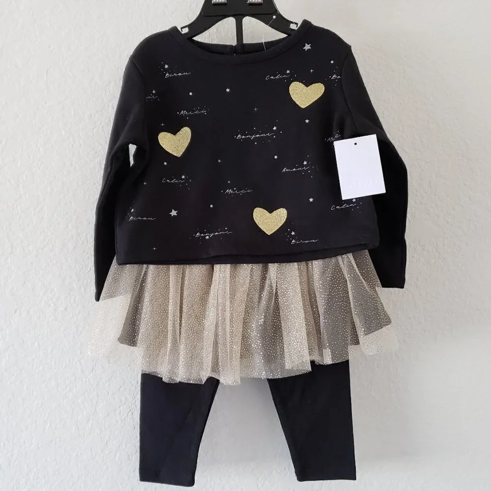 NWT BCGB Girls 2-piece (Glittery Graphic Top and Tulle Skirt Leggings)- Size 18M